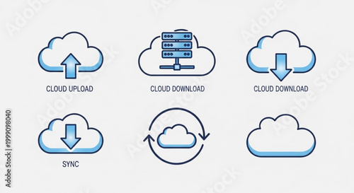 Set of cloud computing icons including upload download and sync symbols flat vector design for technology and data transfer concepts isolated on white