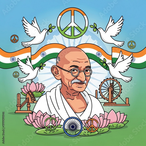 Mahatma Gandhi illustration with peace symbols Indian flags and lotus flowers representing nonviolence and Indian independence
