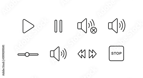 Collection of minimalist audio control icons including play pause volume mute and stop symbols for media players isolated on white