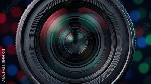 Professional camera lens close up, optical glass reflections with colorful bokeh background, photography equipment and cinematic video production concept