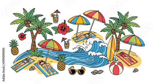 Tropical beach scene with people sunbathing palm trees and ocean waves perfect for summer vacation and travel concepts
