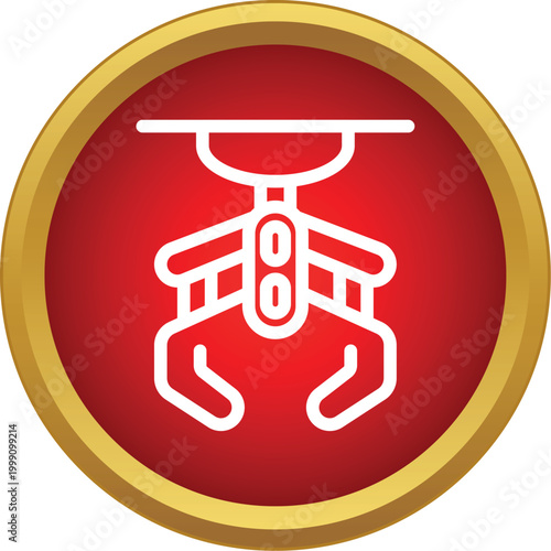 White outline of a robotic claw mechanism inside a red button with a gold border