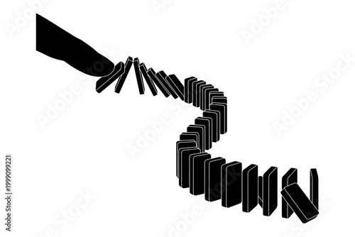 Falling dominoes sequence with a hand pushing the first piece in a cascading effect editable vector silhouette