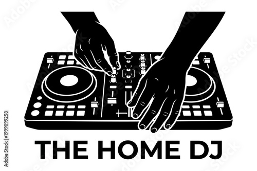 Black and white illustration of hands operating a dj controller with the text the home dj editable vector silhouette