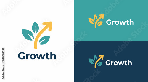 An inspiring growth logo that incorporates leaves and an upward arrow, symbolizing progress and development, perfect for businesses focused on sustainability and success.