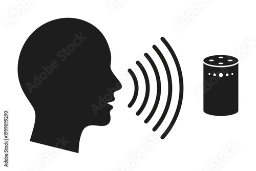 Person speaking to smart home device with sound waves illustration showing voice recognition technology editable vector silhouette