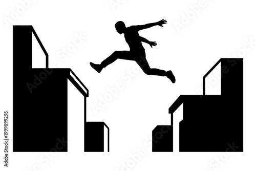 Person jumping between two tall buildings with a sense of adventure and determination in a stylized silhouette design editable vector silhouette