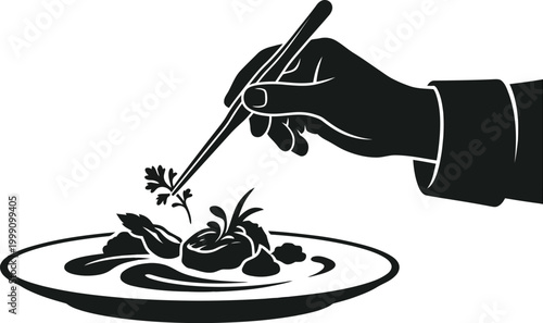 Chef using tweezers to place garnish on a beautifully plated dish with sauce drizzle editable vector silhouette