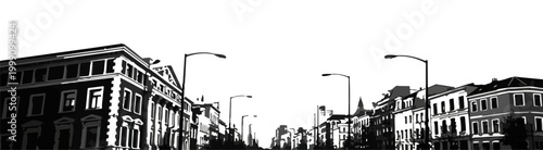 Wide Angle Urban Streetscape Silhouette with Classic Architecture and Street Lamps Metaphor for City Life and Exploration Vector Illustration