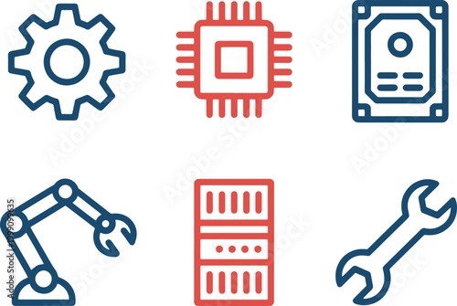 Collection of essential technology and industrial icons including gear, CPU, hard drive, robotic arm, server, and wrench