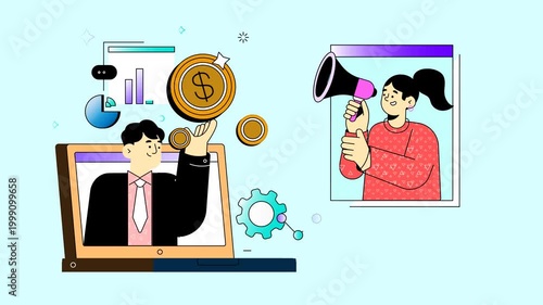 Digital marketing , advertising campaign and online promotion concept , business investing on advertising campaign video 2d animation.