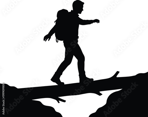 Person hiking across a narrow wooden bridge over a deep canyon with backpack silhouette editable vector silhouette