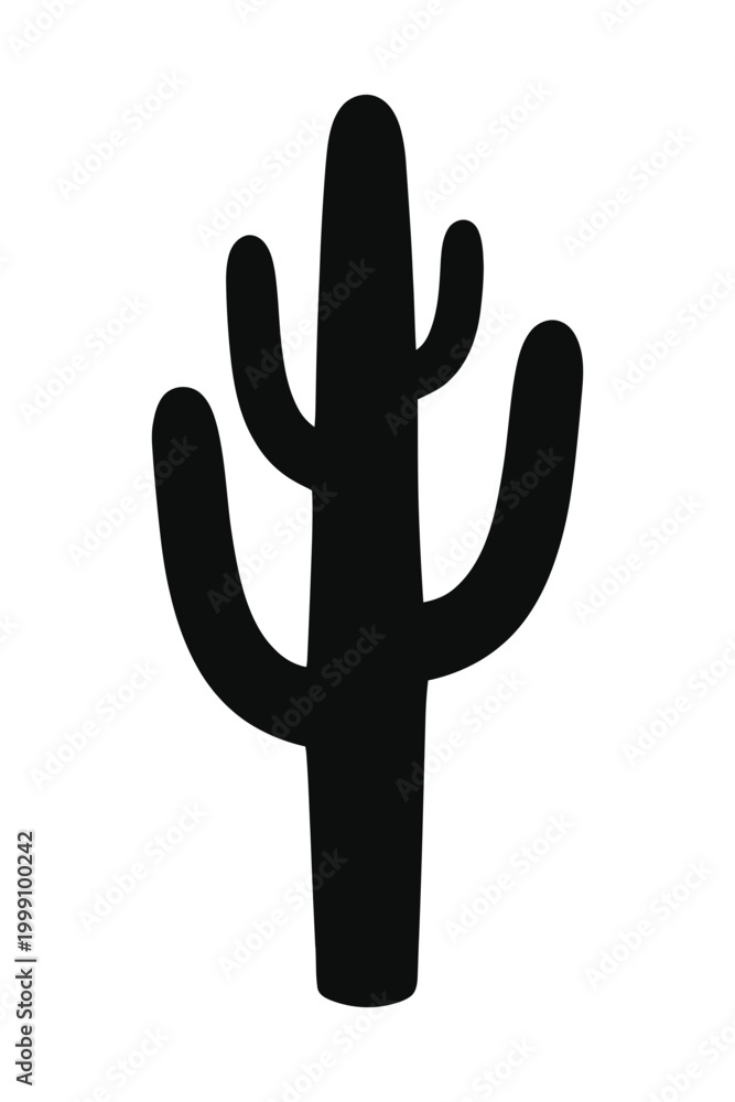 Fototapeta premium Simple black silhouette of a cactus plant with multiple arms and a tall stem editable vector silhouette