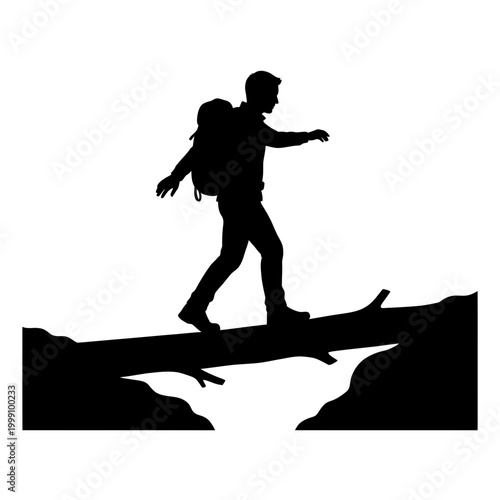 Person hiking across a narrow wooden bridge over a deep canyon with backpack silhouette editable vector silhouette