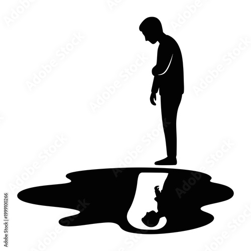 Silhouette of person looking at their own reflection in a puddle on the ground editable vector silhouette