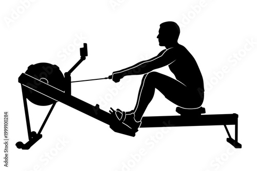 Person rowing on indoor rowing machine silhouette in black and white vector style editable vector silhouette