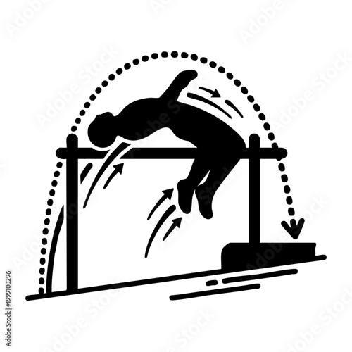 Athlete performing a hurdle jump over a barrier in a track and field event editable vector silhouette