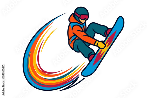 Dynamic snowboarder performing an aerial trick with colorful speed lines and vibrant motion effects editable vector silhouette
