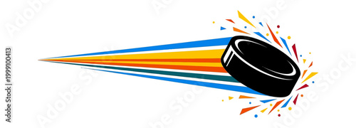 Dynamic hockey puck speeding with colorful light trail and spark effects editable vector silhouette