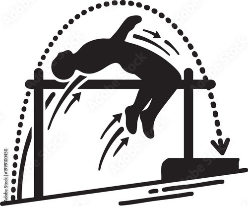Athlete performing a hurdle jump over a barrier in a track and field event editable vector silhouette