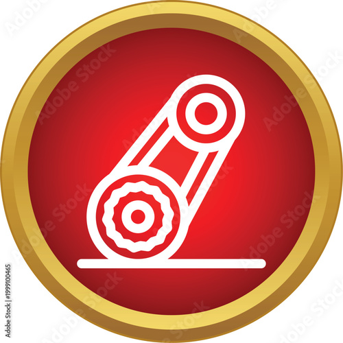 Automotive timing belt connecting two pulleys in a minimal style graphic on a red background