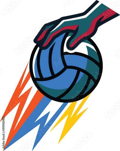 Dynamic volleyball with a hand spiking the ball against a colorful flamelike background editable vector silhouette