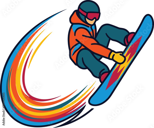 Dynamic snowboarder performing an aerial trick with colorful speed lines and vibrant motion effects editable vector silhouette