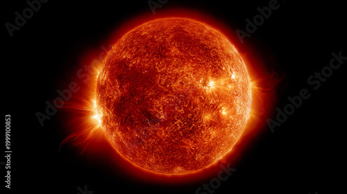 Blazing Sun with intense solar flares against a black space background.