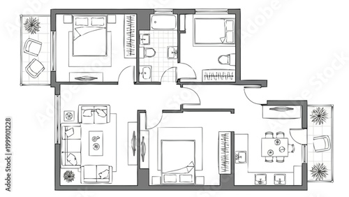 Detailed architectural floor plan drawing showcasing a spacious multi room dwelling with balconies presenting furniture arrangement and room layout for residential property development and
