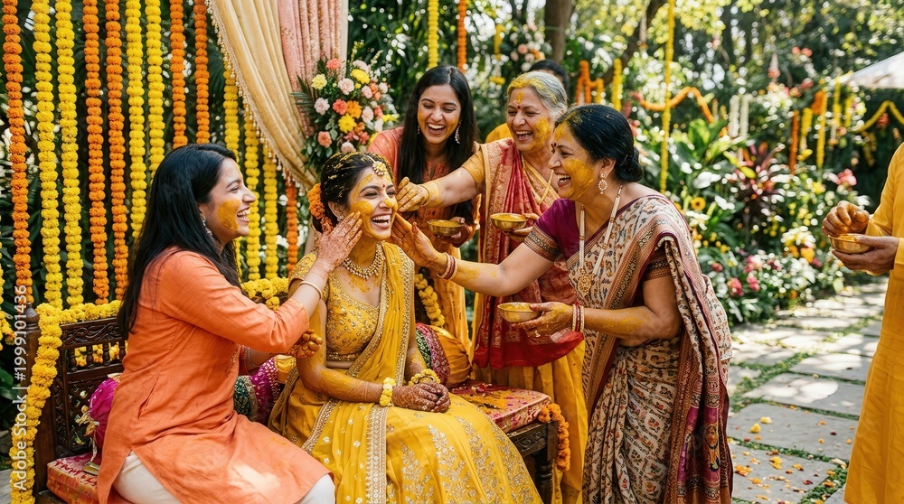 Fototapeta premium Joyful indian bride celebrating haldi ritual with family in a yellow floral garden, candid outdoor shot.