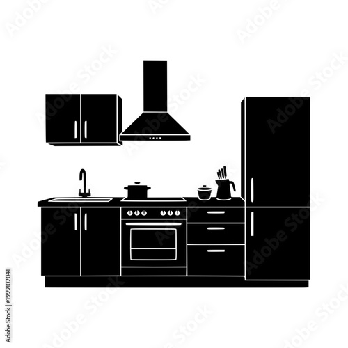 Black and White Silhouette Icon of a Modern Kitchen Set with Appliances