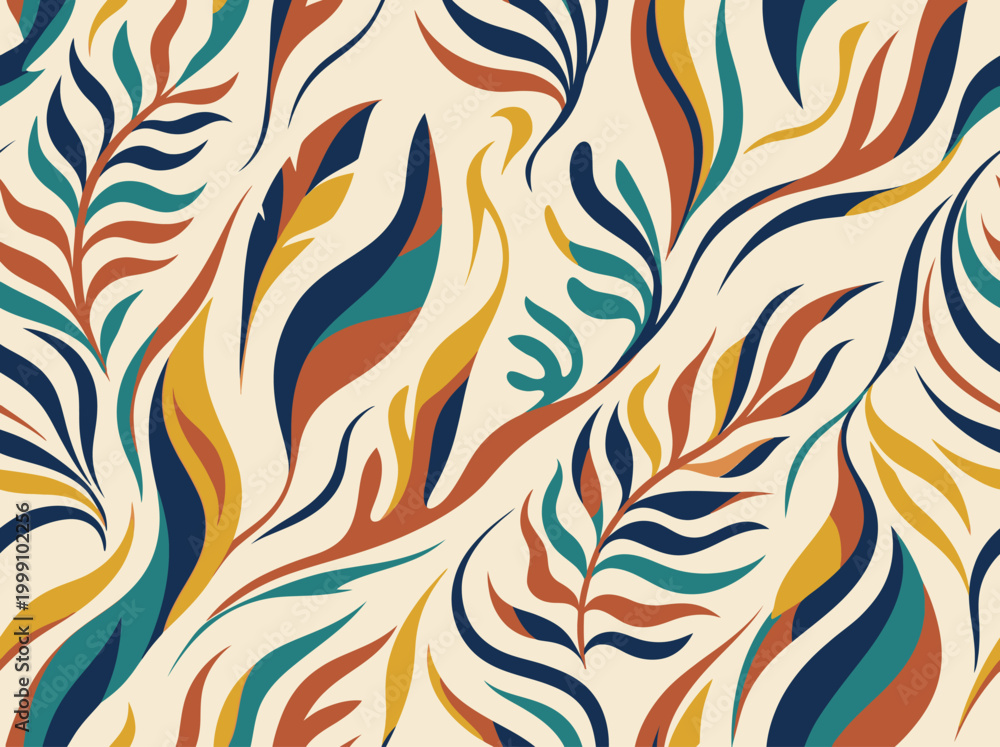 Fototapeta premium Abstract Seamless Pattern with Retro Botanical Leaf Shapes in Earthy Tones of Teal, Orange, and Navy Blue for Modern Textile and Wallpaper Design