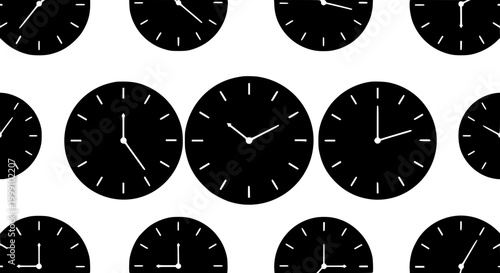 Seamless pattern of black minimalist analog clock faces on white background