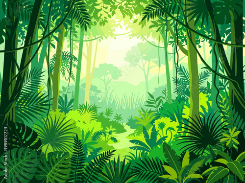 Tropical Jungle Landscape with Dense Green Foliage, Palm Leaves, and Sunlight Background Vector