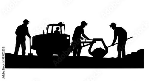 Silhouette of construction workers and heavy machinery building a road