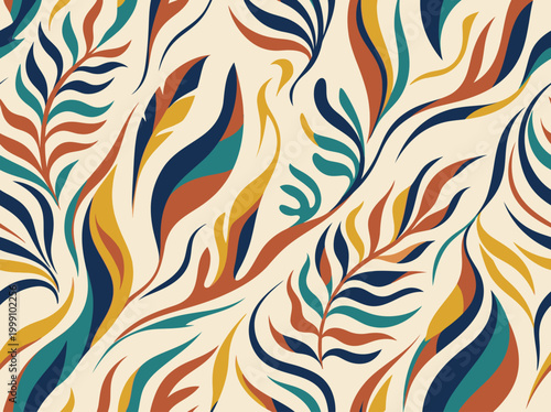 Abstract Seamless Pattern with Retro Botanical Leaf Shapes in Earthy Tones of Teal, Orange, and Navy Blue for Modern Textile and Wallpaper Design