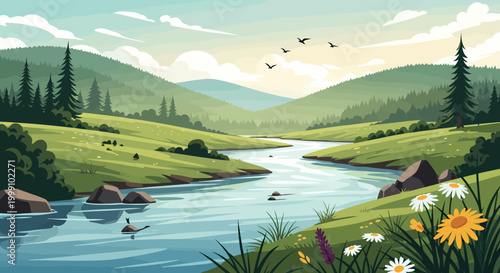 A serene river flows through a vibrant green valley, with ducks swimming peacefully.