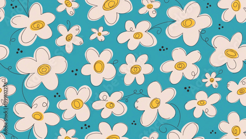 Seamless pattern of simple daisy flowers, soft cream petals  background