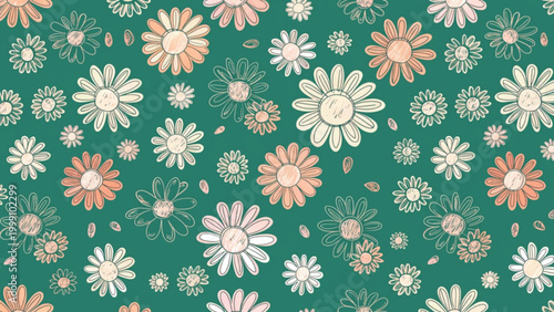 Seamless pattern of simple daisy flowers, soft cream petals  background