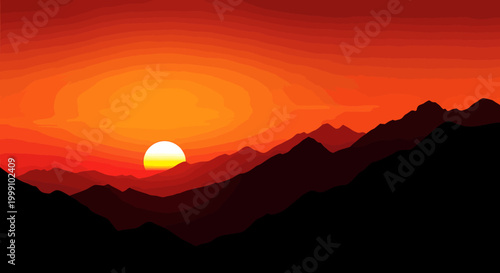 Majestic mountain range silhouetted against a vibrant sunset.