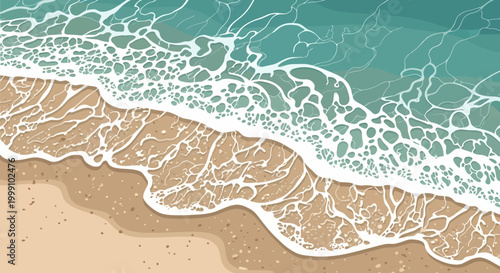 Ocean waves washing onto a sandy beach from an aerial view.
