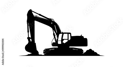 Black Silhouette of an Excavator Heavy Machinery on White Background
