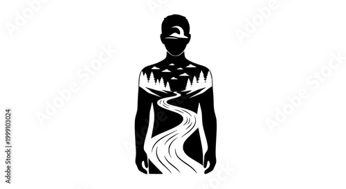 Conceptual silhouette of a man with a forest and river landscape inside
