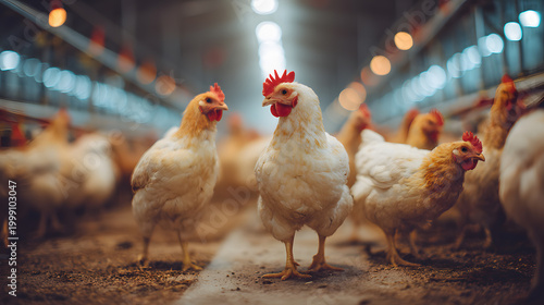 Chickens in modern poultry farm indoor livestock production agriculture industry