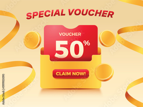 Special voucher pop up drom envelope folder design with money flying and ribbon. Promotion design  for e-commerce and marketing campaign.