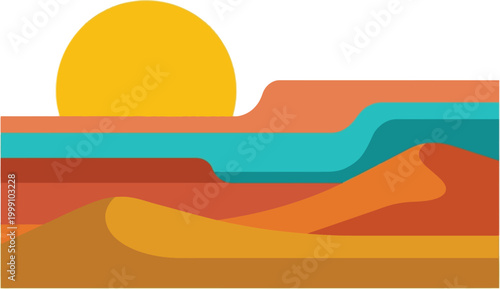 Desert landscape depicts rolling sand dunes under a large yellow sun in a stylized flat format.