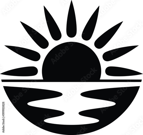Minimalist black and white of a sun setting or rising over a body of water, with distinct horizontal lines representing the horizon and stylized waves, symbolizing peace, tranquility, and natural