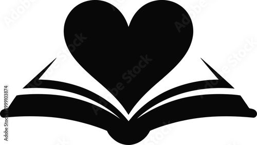 Open black silhouette of a book with a heart symbol emerging from its pages, representing love of reading and knowledge acquisition