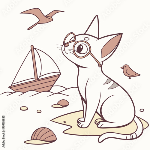 Ocean Breeze colored Sphynx cat with a Curious touch, placed in a Beach day theme and styled with wearing glasses