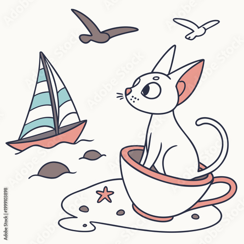 Creative SVG: Funny Sphynx cat with in a teacup in a Ocean Breeze colored Beach day theme
